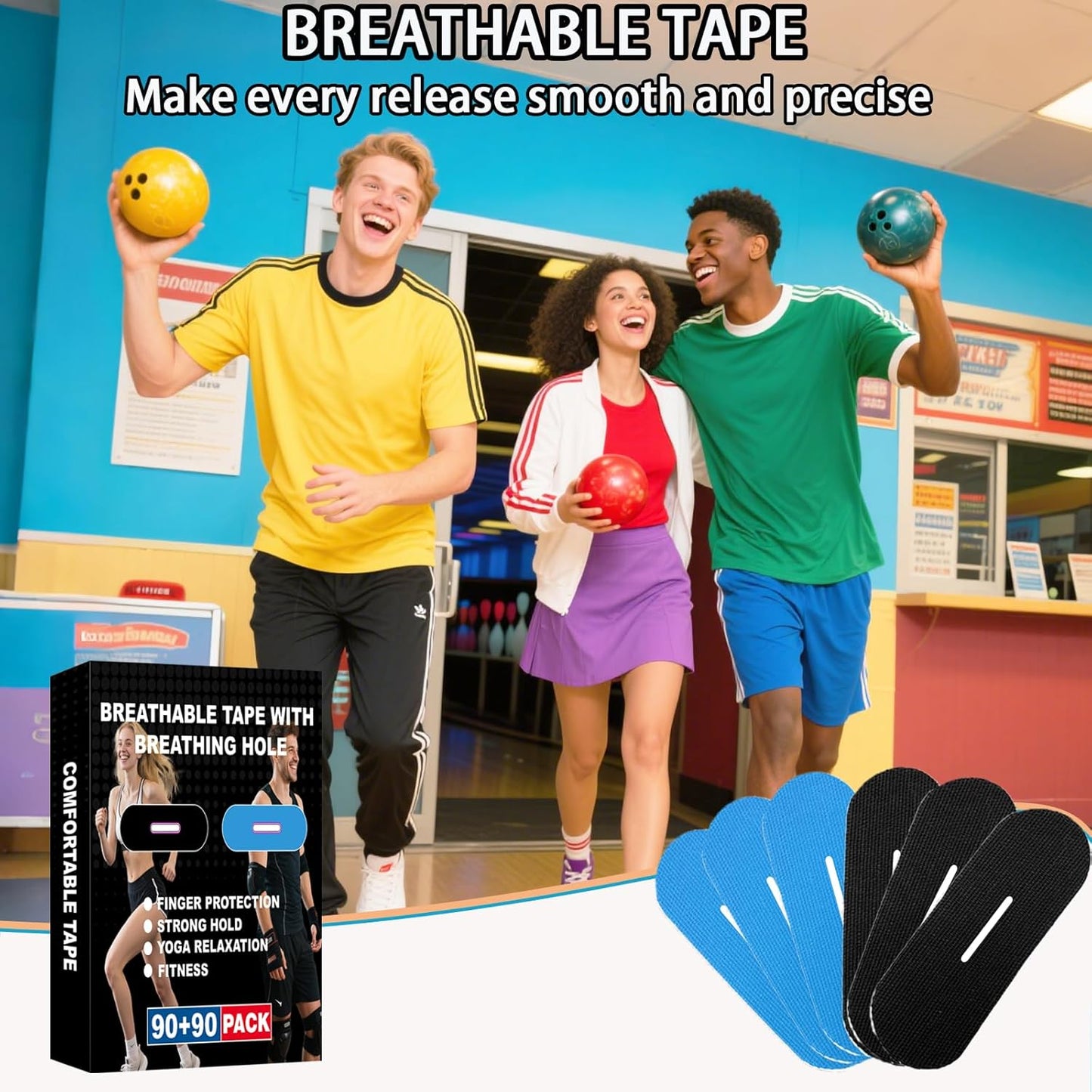 180 PCS Bowling Thumb Tape with Breathing Holes - Breathable & Sweat Proof Sports Tape for Men Women, Finger Grip Protection for Bowling, Yoga, Fitness (Black & Blue)