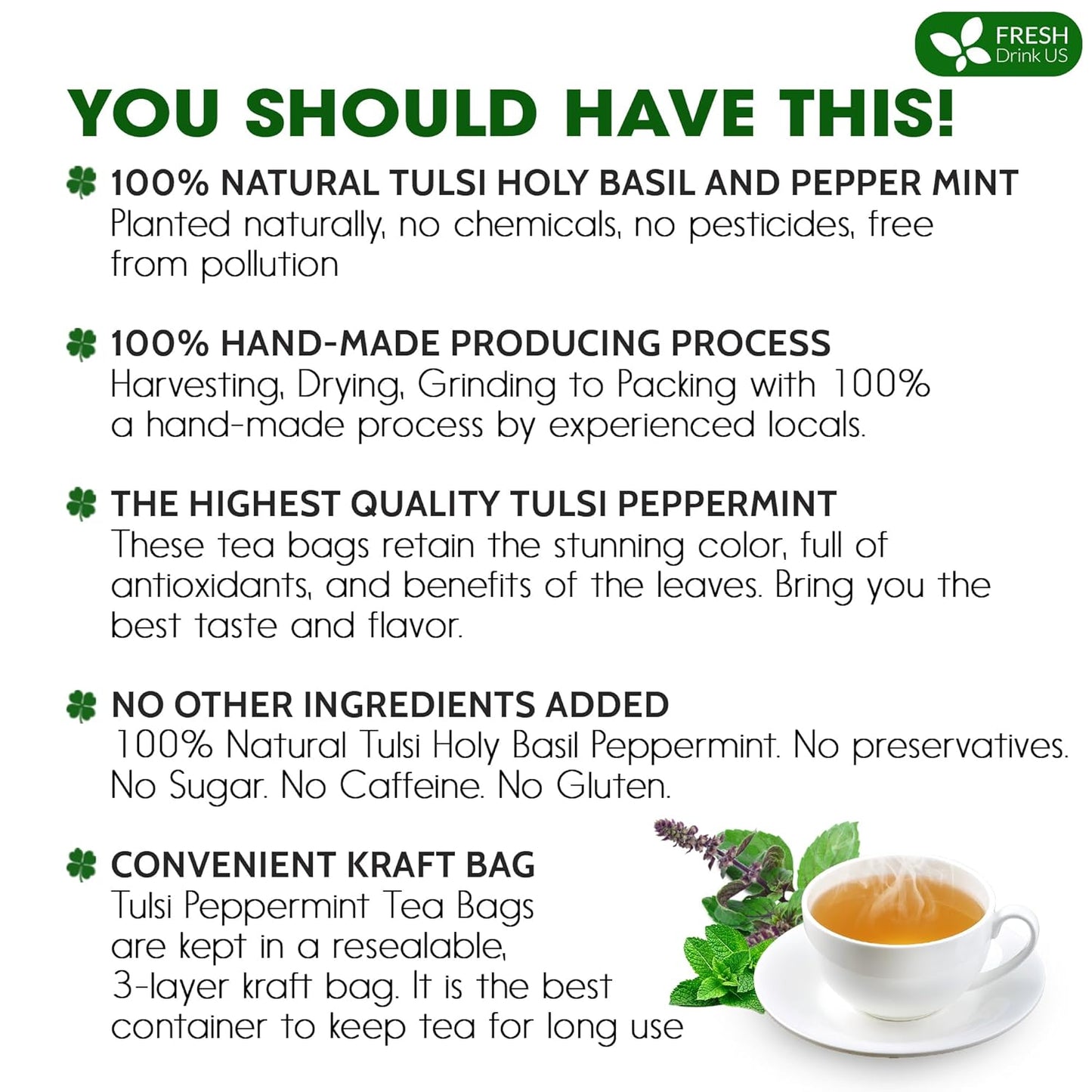 FreshDrinkUS, Premium Tulsi Peppermint Herbal Tea – 55 Tea Bags, 100% Natural, Blend of Tulsi Holy Basil Leaves, and Peppermint Leaves. Made with Natural Material Tea Bags. No Sugar, Vegan.