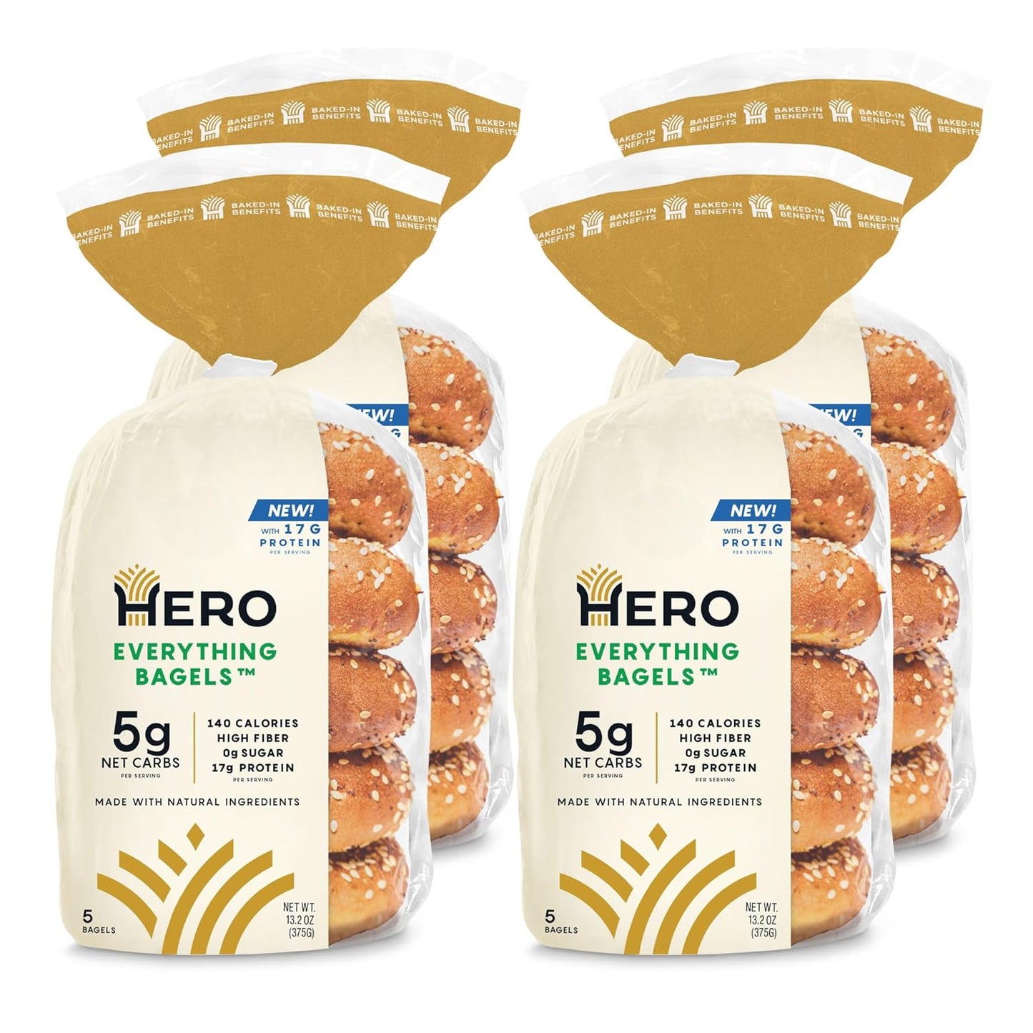 Hero Everything Bagel - 5g Net Carbs, 17g Protein, High Fiber, 140 Calories per serving (4 packs (20 bagels))