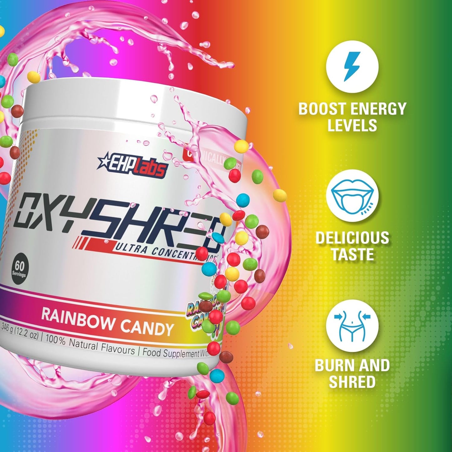 EHP Labs OxyShred Pre Workout Powder - Preworkout Powder with L Glutamine & Acetyl L Carnitine, Energy Boost Drink - Rainbow Candy, 60 Servings