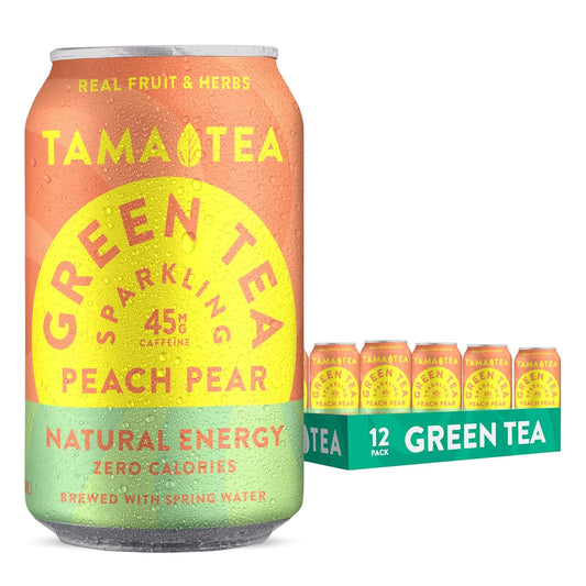 Tama Tea Sugar-Free Sparkling Green Tea, Peach Pear – Organic & Naturally Energizing – Zero Calories, Zero Carbs, Non-GMO – Antioxidant-Rich with 45mg Natural Caffeine – 12 oz Cans (12-Pack)