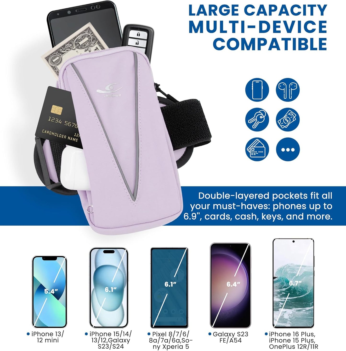 HiRui Cell Phone Holder Arm Bag & Wrist Bag for Phone, Sports Running Armband for Gym & Cycling, Compatible with iPhone 16/16Pro/Plus/15/14 Samsung Galaxy All Phones, Reflective & Adjustable (Purple)