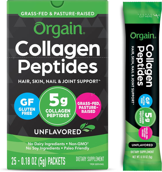 Orgain Hydrolyzed Collagen Peptides Travel Packets For Women & Men - 5g Grass Fed Collagen Per Serving, Hair, Skin, Nail & Joint Support Supplement, Non-GMO, Type I & III - Unflavored (25 Count)