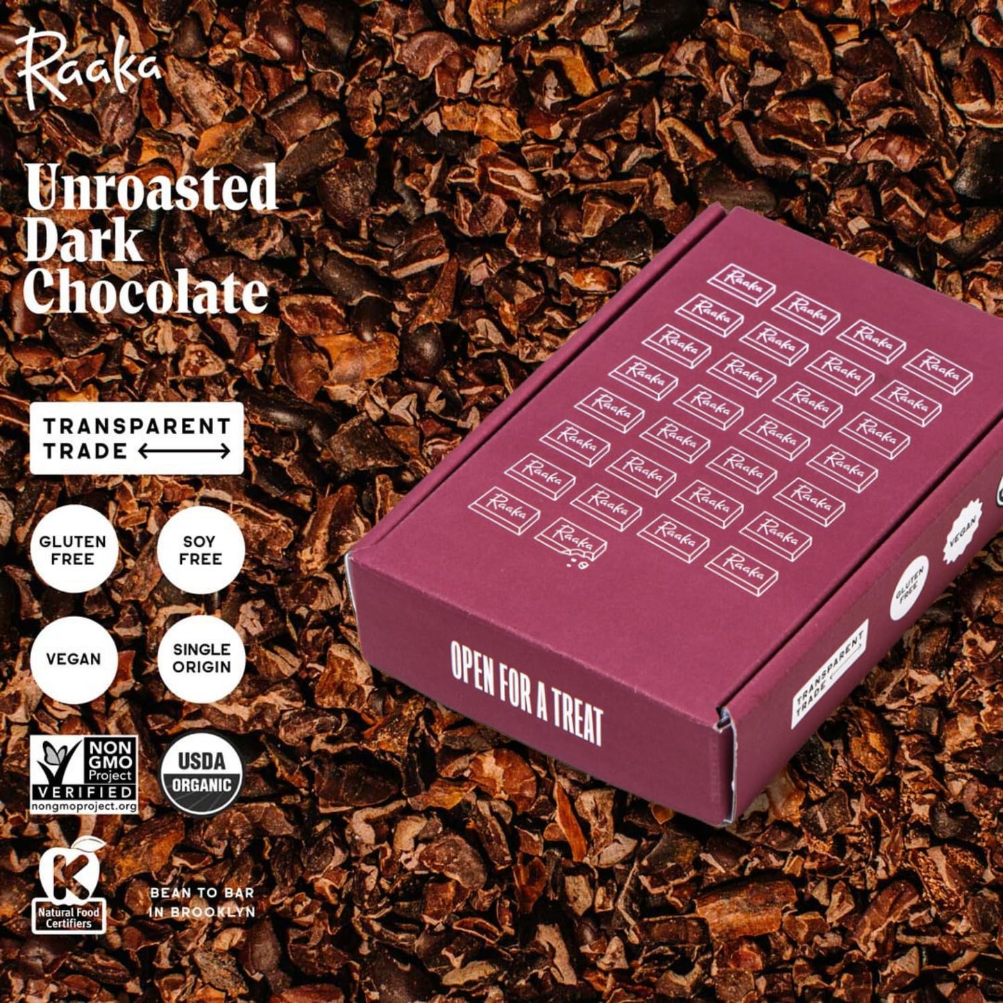 Raaka 100% Dark Chocolate Mini Bars | Unsweetened, Bitter, No Added Sugar or Artificial Sweeteners | Organic, Vegan, Gluten Free, Paleo, Kosher | Box of 30 Individually Wrapped Chocolates