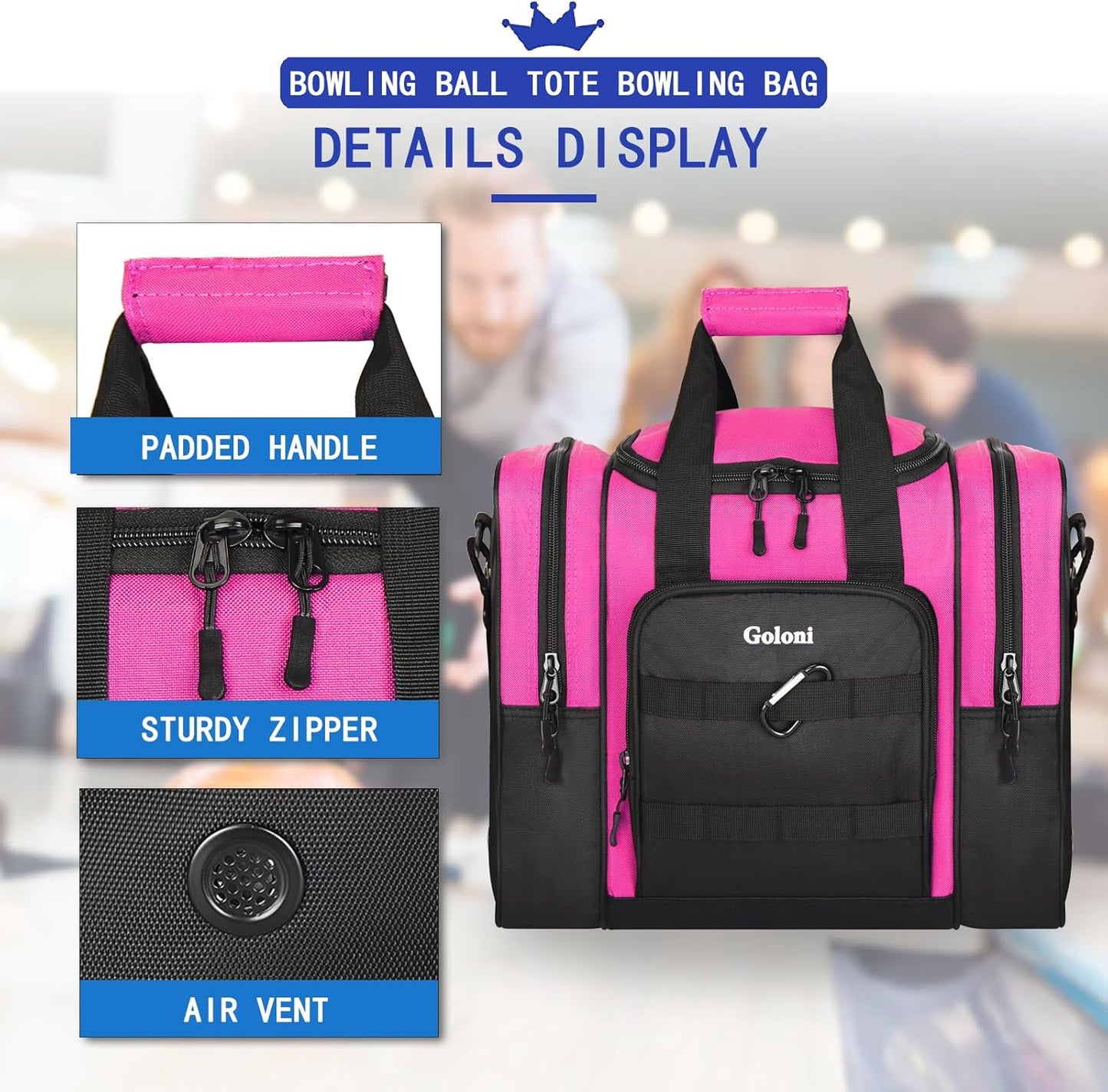 Goloni Bowling Ball Bag for Singer Ball with Padded Ball Holder, 2 Pockets fit Bowling Shoes Up to Mens Size 14 and Accessories