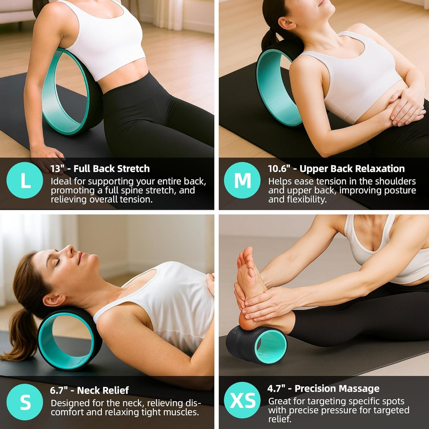 Back Roller Wheel Set of 4 with 2 Yoga Blocks – Foam Back Stretcher for Pain Relief, Spine Cradle Deep Tissue Massage Roller for Stretching & Physical Therapy