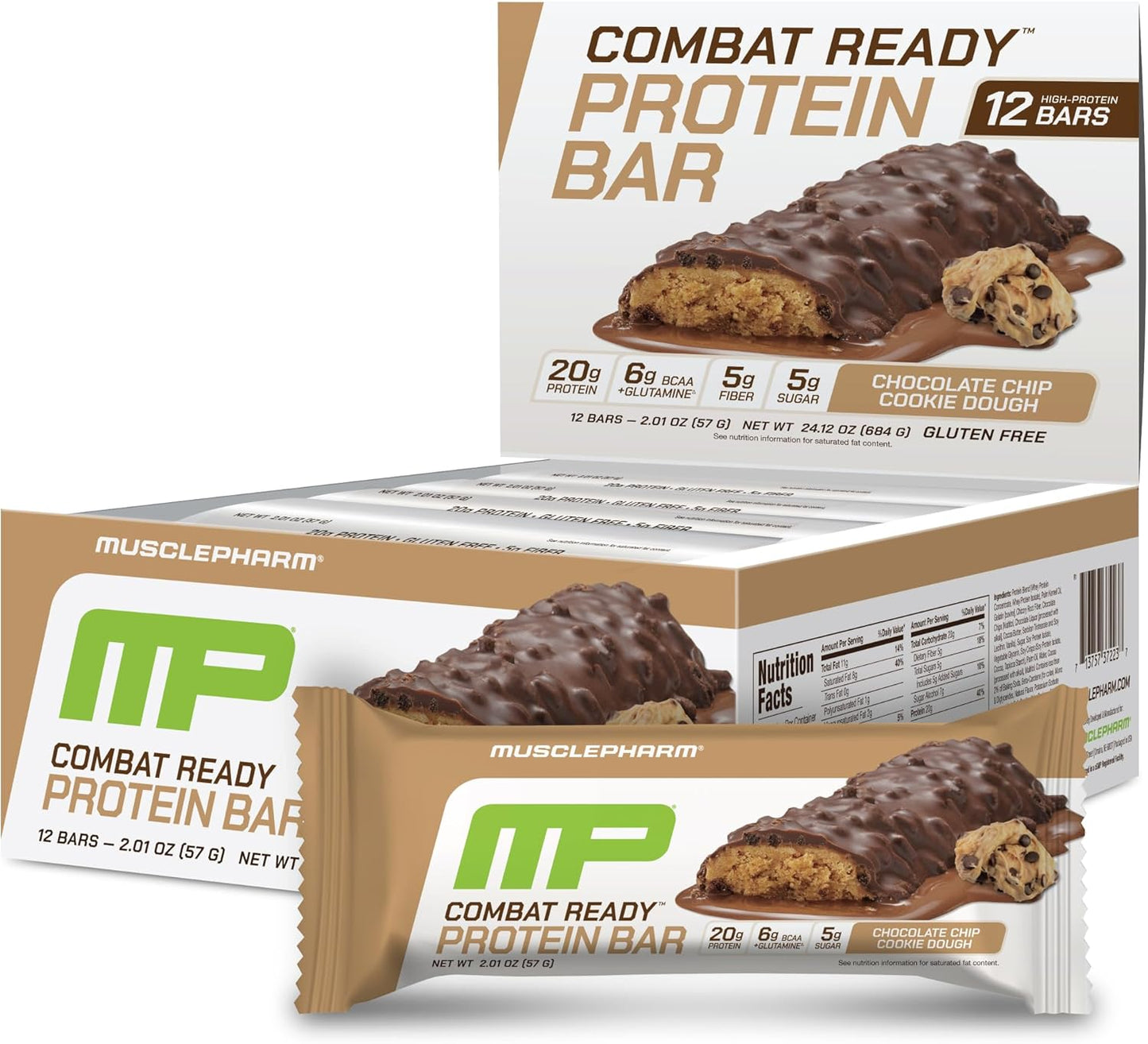 MusclePharm Combat Sport Bar, Chocolate Chip Cookie Dough, High Protein Bars, Combat Cravings, Fuel Performance & Meet Energy Demands, 20g Protein from Whey Protein, 5g Fiber, Gluten Free, 12 Bars
