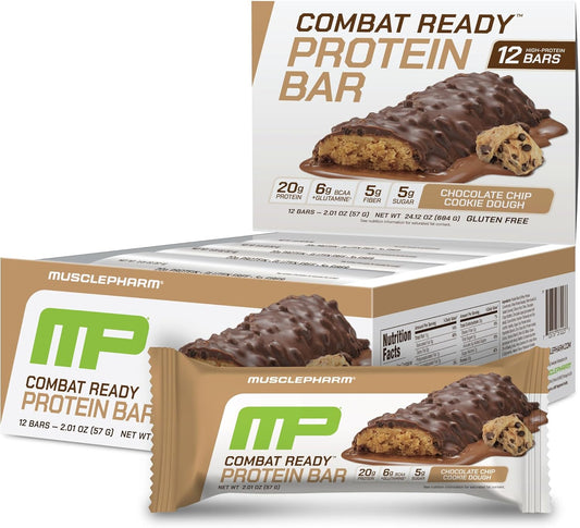 MusclePharm Combat Sport Bar, Chocolate Chip Cookie Dough, High Protein Bars, Combat Cravings, Fuel Performance & Meet Energy Demands, 20g Protein from Whey Protein, 5g Fiber, Gluten Free, 12 Bars