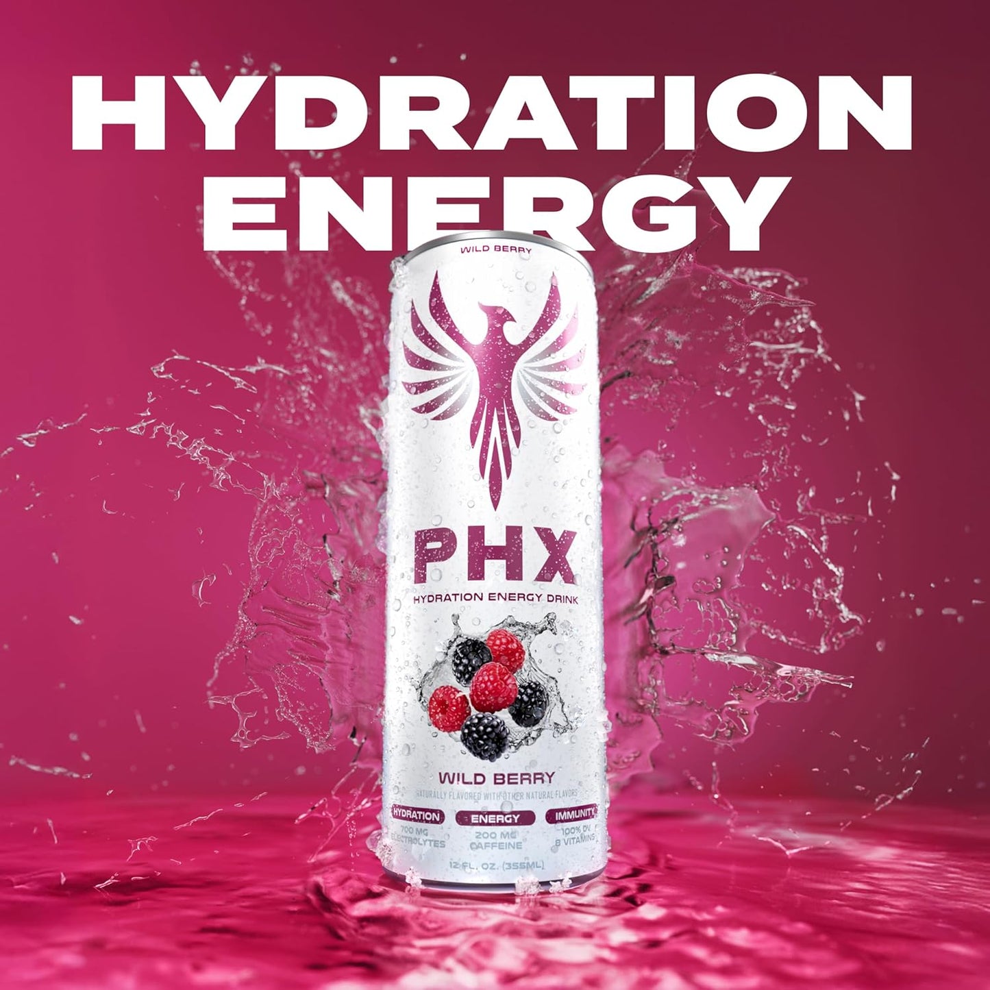 PHX Hydration Energy Drink - 700mg Electrolytes, 200mg Natural Green Tea Caffeine, 100% Daily Value 8 Essential Vitamins - 12 oz Cans (12 Pack) (12 Pack, Wild Berry)