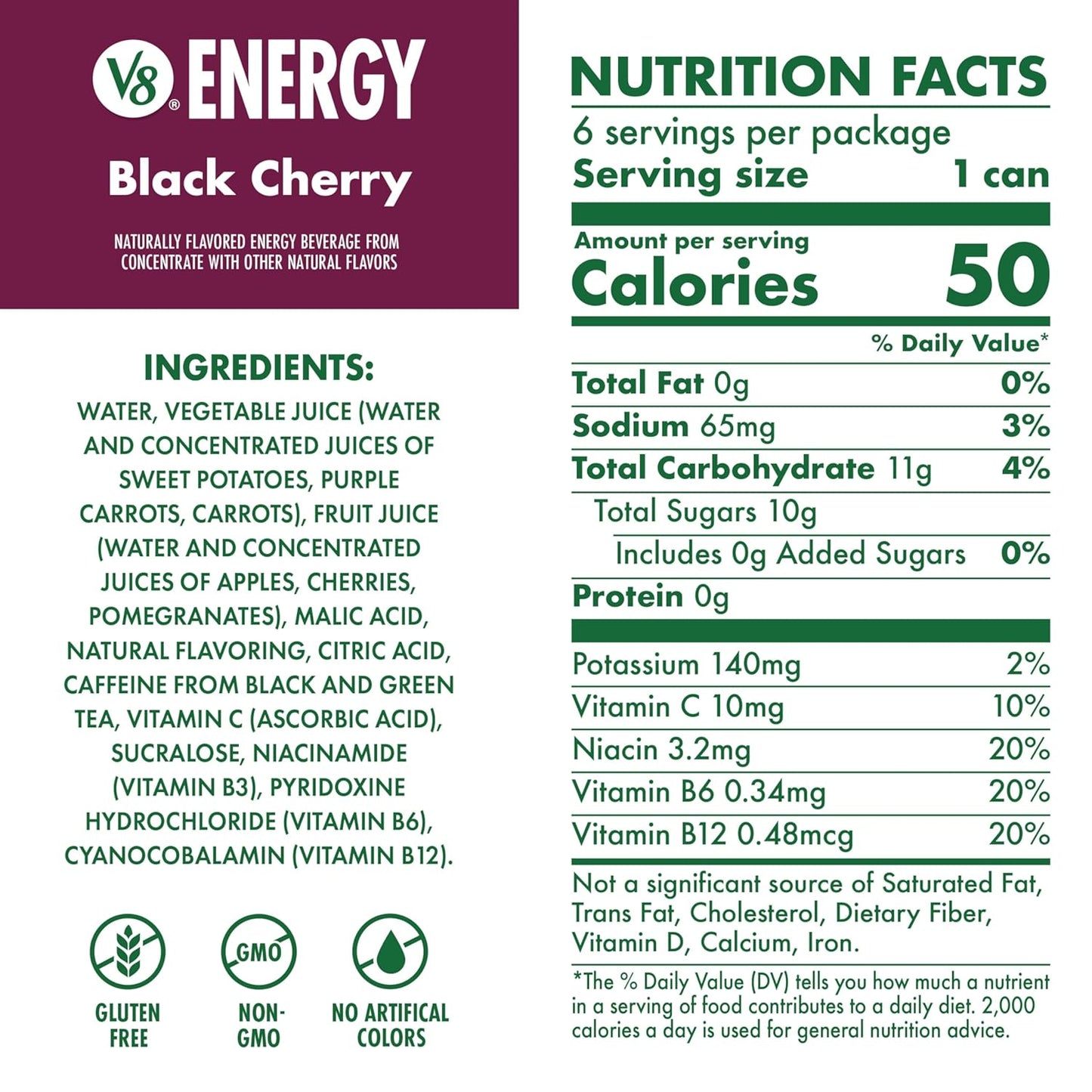 V8 Energy Black Cherry Energy Drink, 8 fl oz Can (6 Pack)