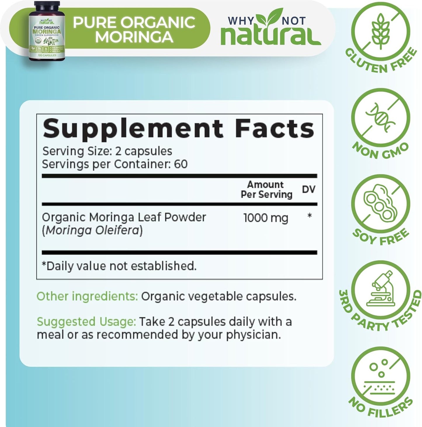 Why Not Natural Organic Moringa Capsules - Green superfood Powder Supplement Pills - Maringa