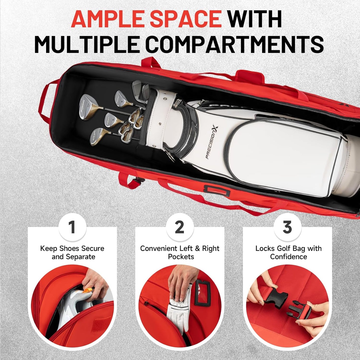 MANUEKLEAR 1680D Nylon Travel Golf Bags Club for Airlines with Wheels, Golf Travel Bags for Airlines with Padded Top, Golf Travel Case Cover with 3 Large Pocket for Golfer