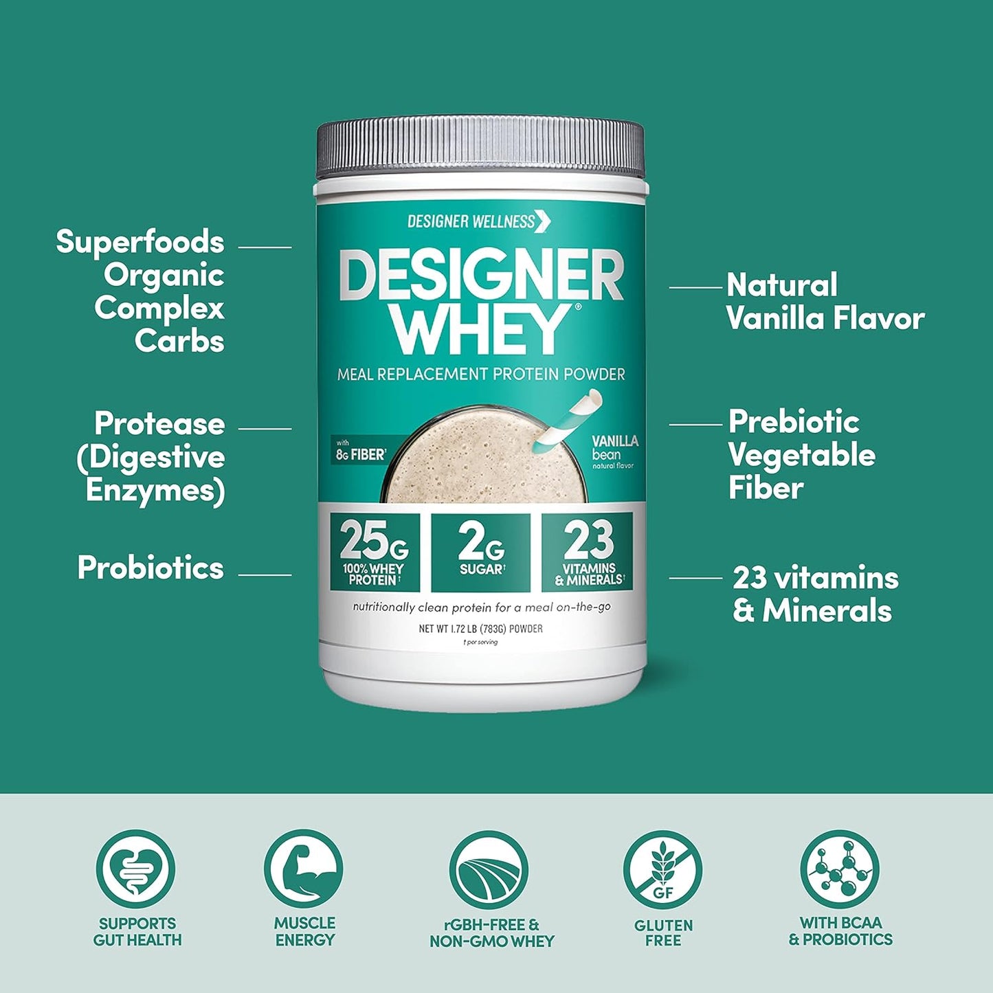 Designer Wellness, Designer Whey Protein Meal Replacement Powder, Organic Superfood Complex Carbs, Vitamins, Minerals, Gluten-Free, Vanilla Bean, 1.72 Pound
