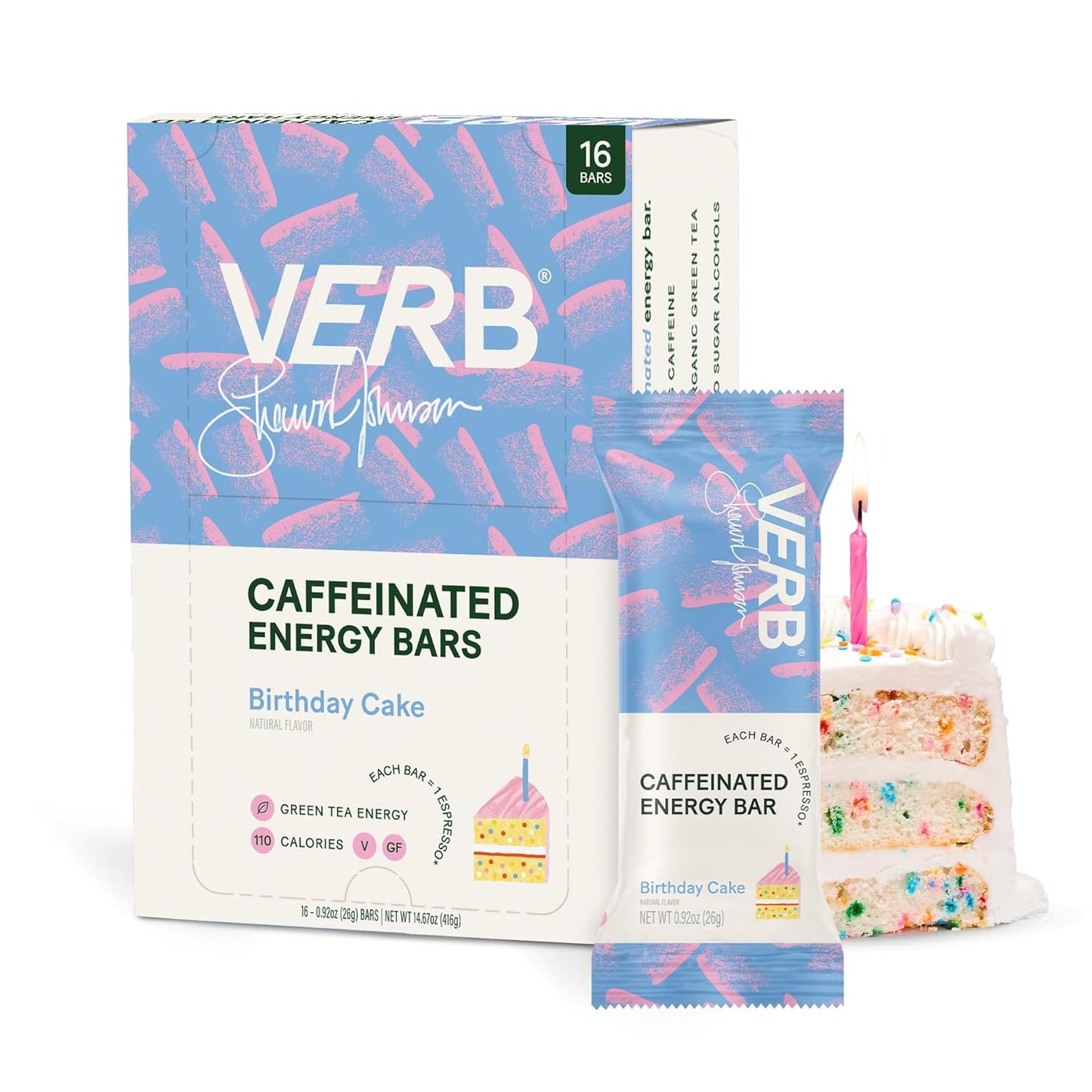 Verb Caffeinated Energy Bars Birthday Cake (26g, Pack of 16) 110-Calorie Delicious Low Sugar Energy Bar - Vegan Gluten Free On-the Go Snack with 80mg Green Tea Caffeine, Only Real-Food Ingredients