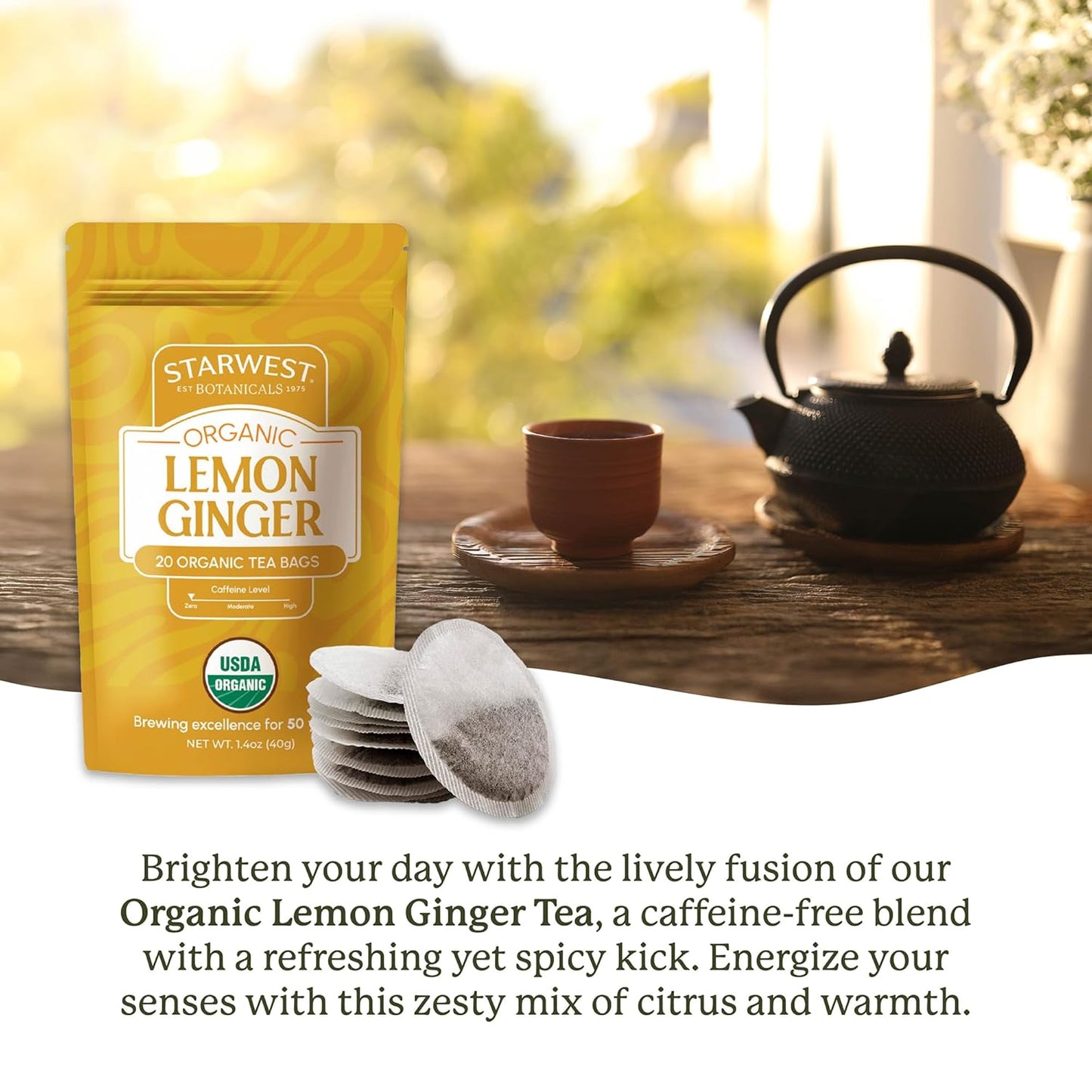 Starwest Botanicals Organic Lemon Ginger Tea - Caffeine Free Herbal Blend for Women & Men, Lemongrass, Ginger Root, & Peppermint Leaf, String Free Sachets, Non GMO - 20 Tea Bags