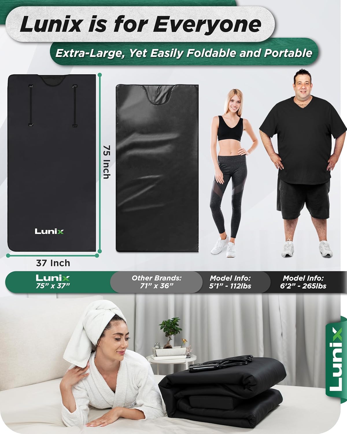 Lunix LX17 Infrared Sauna Blanket for Home, Portable Sauna for Detox, Pain Relief & Recovery, Adjustable 77–176°F Far Infrared Heat with Head Pillow, Detox Wrap & Hot Cold Gel Pack – Jet Black