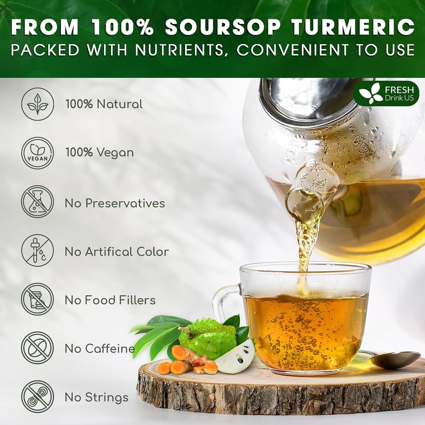 FreshDrinkUS, Premium 60 Soursop Turmeric Tea Bags, 100% Natural, Blend of Soursop Leaves, and Turmeric Root. Made with Natural Material Tea Bags. No Sugar, Vegan.