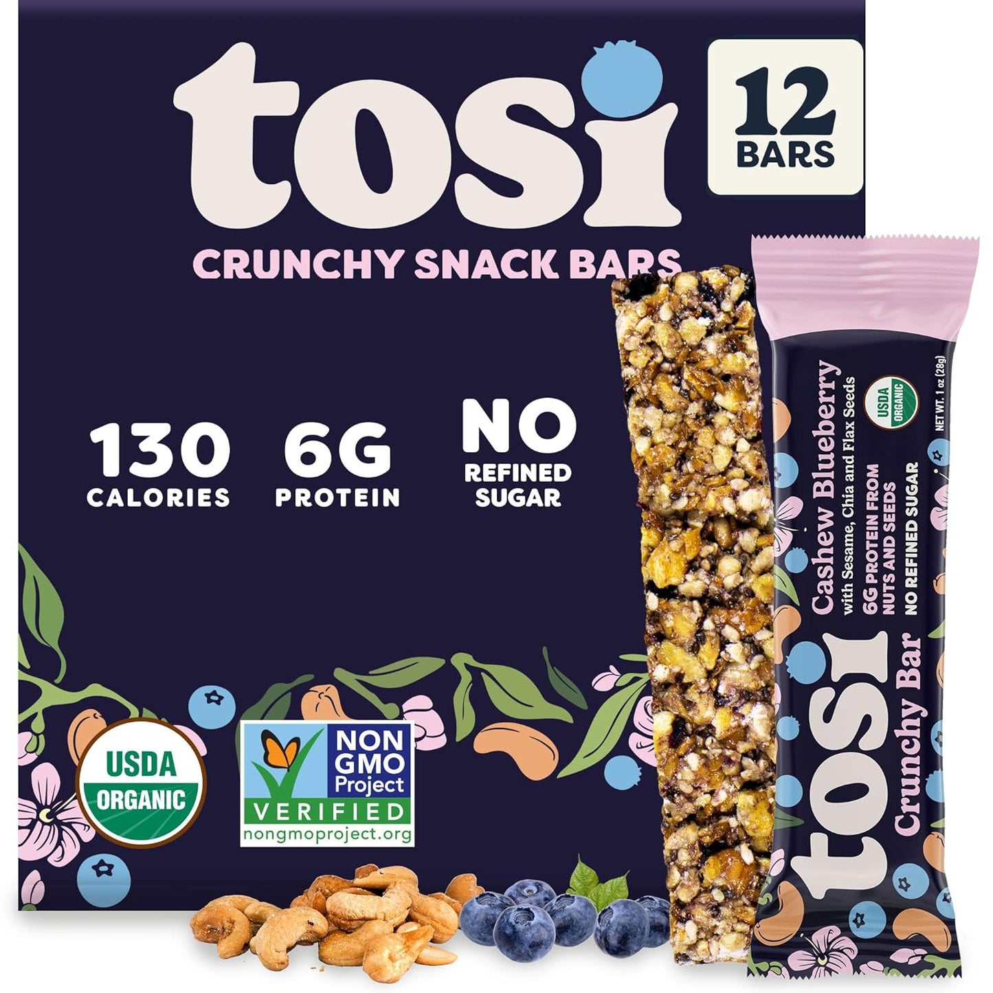 Tosi Cashew Blueberry Protein Bars - Crunchy Nut & Seed Vegan Snack Bars, Gluten Free, 6g Plant Based Protein, Organic Flax, Chia, Sesame Seeds, Omega 3s, Low in Sugar, No Soy - 1 oz, 12-Pack