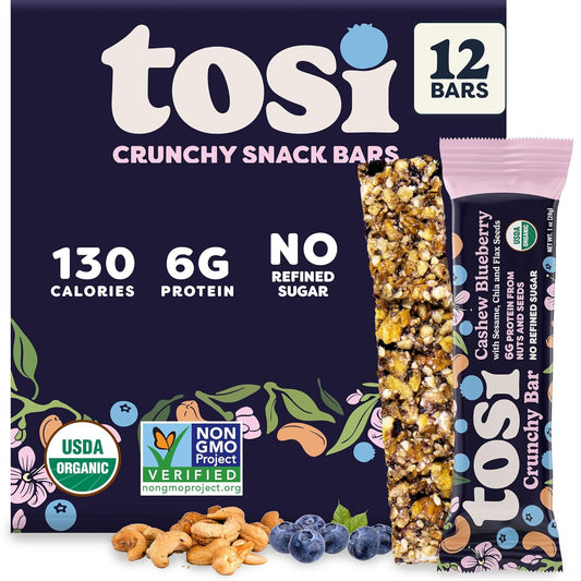 Tosi Cashew Blueberry Protein Bars - Crunchy Nut & Seed Vegan Snack Bars, Gluten Free, 6g Plant Based Protein, Organic Flax, Chia, Sesame Seeds, Omega 3s, Low in Sugar, No Soy - 1 oz, 12-Pack