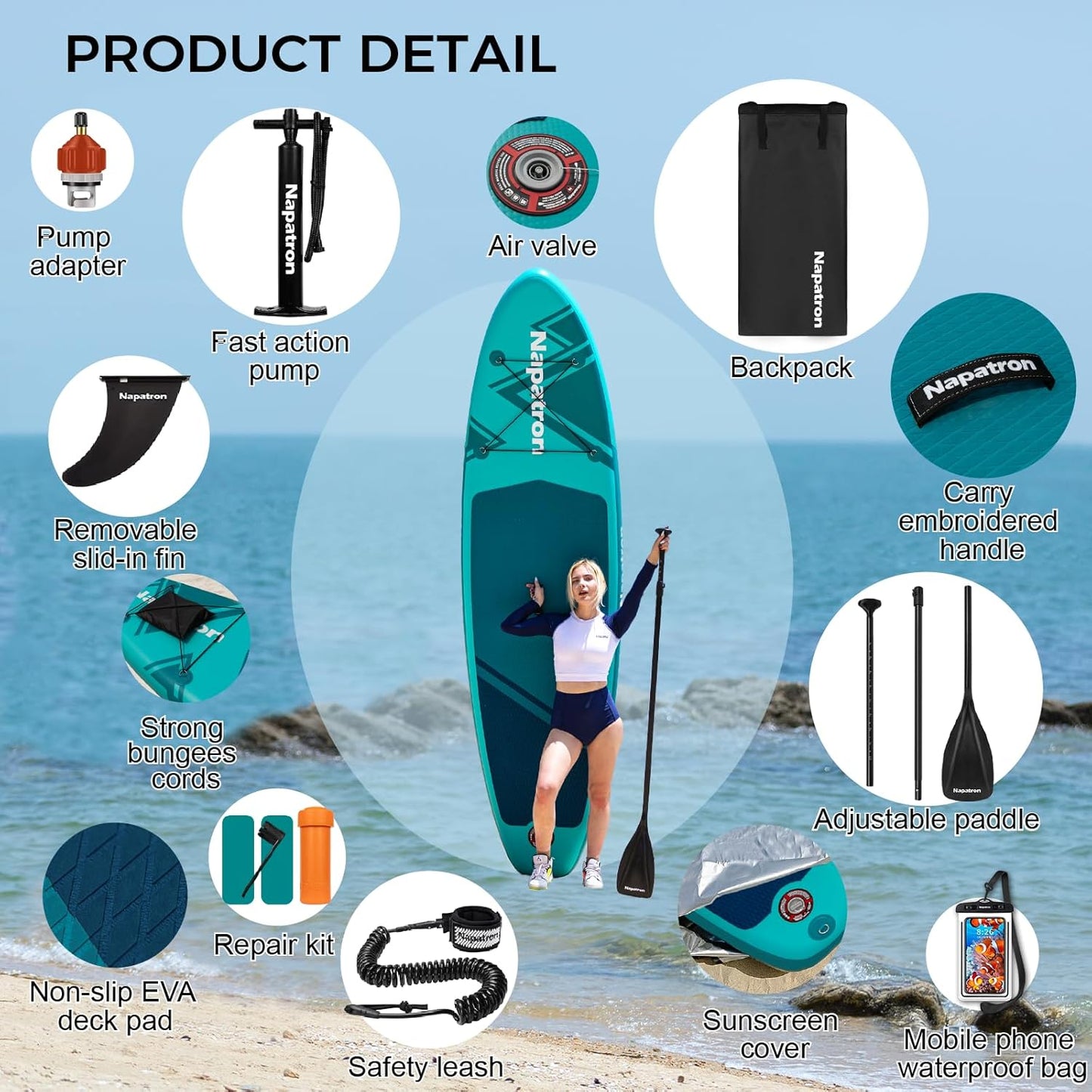 Napatron Family Inflatable Stand Up Paddle Board, Sup,Stable Wide Design,350LBS Capacity,Complete Paddle Board Package with Fast Action Pump,Leash,Ideal for Beginners/Youth & AllSkill Levels