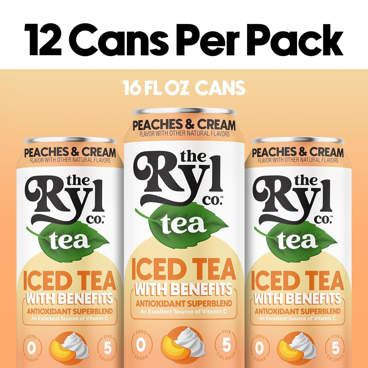 Ryl Iced Tea, Peaches & Cream Tea, Antioxidant Superblend, Zero Sugar, Low Carb, Zero Calorie Iced Tea, 16.0 Fl Oz (12-Pack)