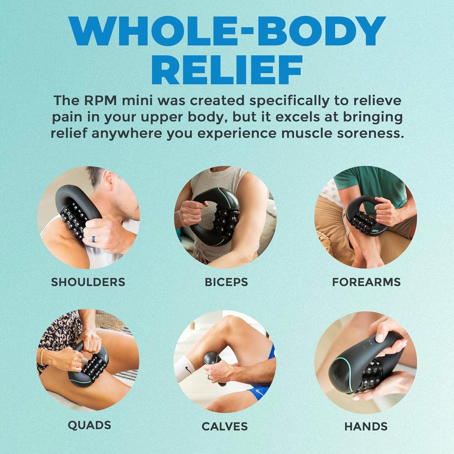 Chirp RPM Mini - Rolling Percussive Massager, Percussive Therapy, Whole Body Relief, Deep Tissue and Muscle Recovery, Percussion Massage, Rechargeable, Hands-Free Base, Powerful, 3-Speed Spin