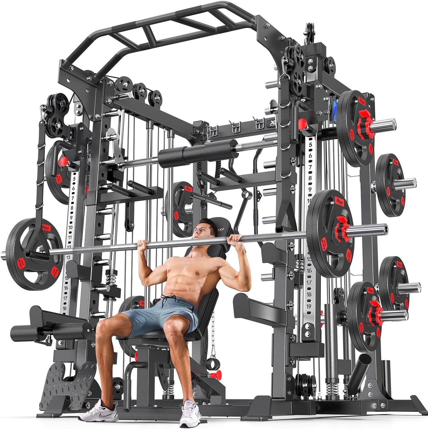 Smith Machine Power Rack Multifunctional Power Cage Deep Squat Rack Cable Crossover System Selectable More Training Attachment for Garage & Home Gym