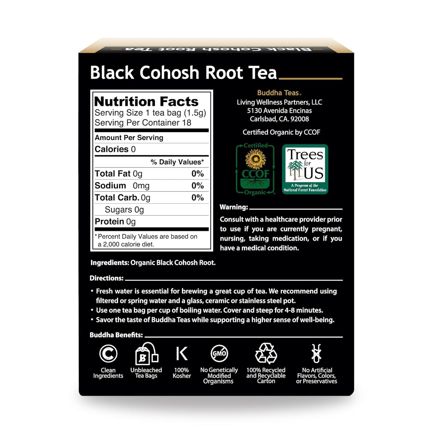 Buddha Teas Organic Black Cohosh Root Tea - OU Kosher, USDA Organic, CCOF, 18 Bleach-Free Tea Bags