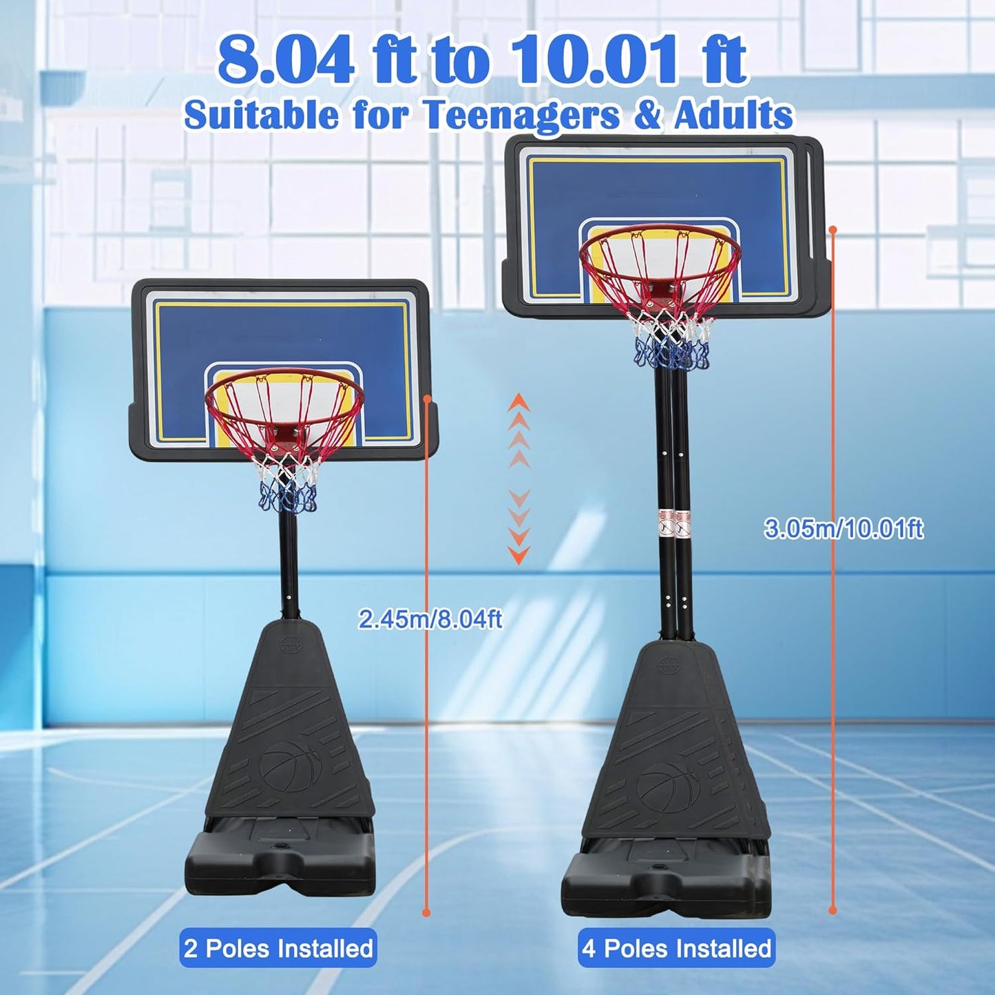 Portable Basketball Hoop with Stable Base, Basketball Hoop Goal System for Teens Adults, Heavy-Duty Steel, Adjustable Height, Easy to Move, Outdoor & Indoor Use