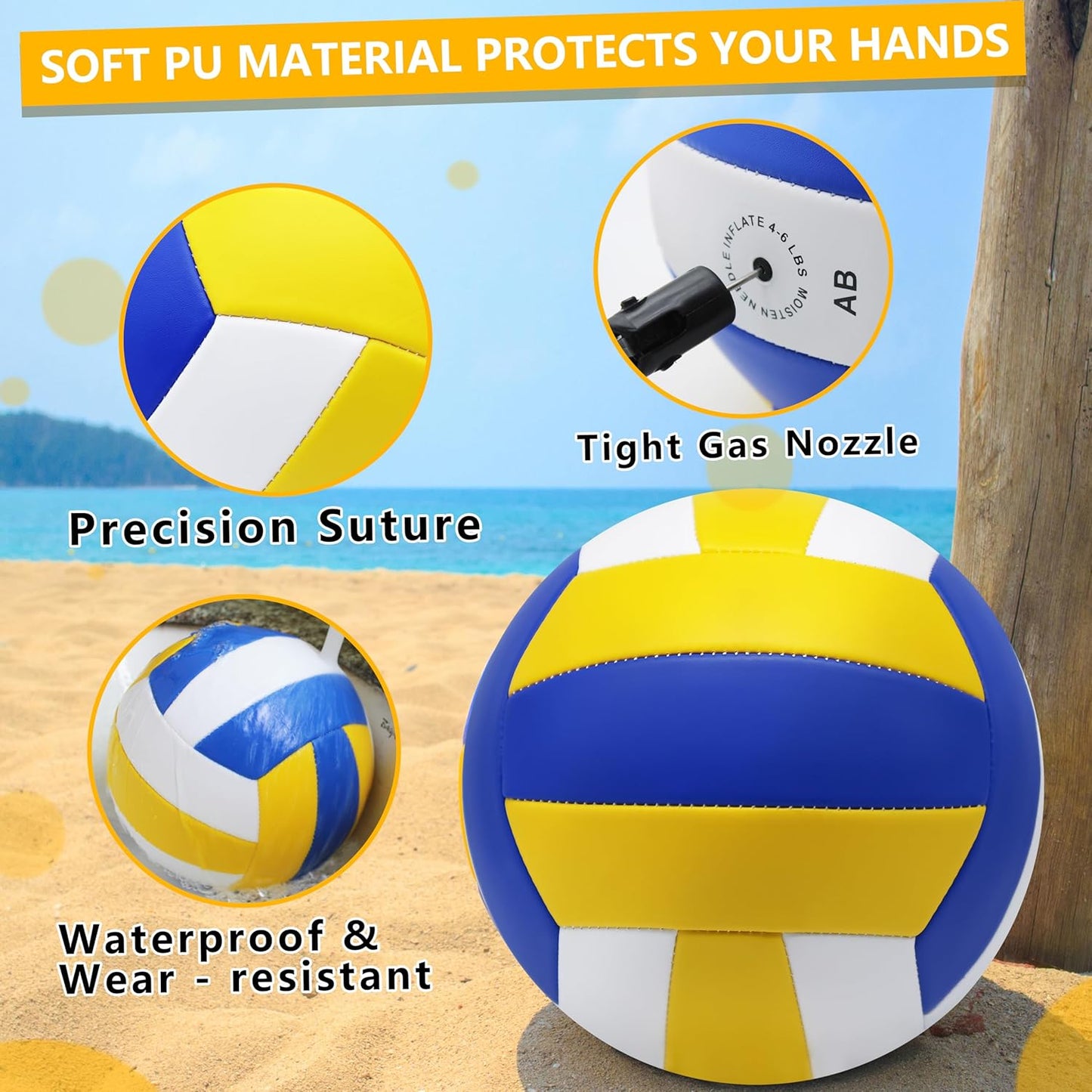 Magicorange Volleyball, 6 Pack Official Size 5 Volleyballs- PU Leather Indoor Outdoor Soft Touch Recreational Volleyballs for Beach Play, Game,Gym,Training -Includes Ball Pump