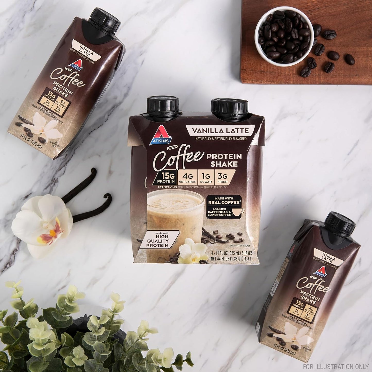 Atkins Iced Coffee Vanilla Latte Protein Shake, 15g Protein, Low Glycemic, 4g Net Carb, 1g Sugar, Keto Friendly, 12 packs of 11 fl Oz