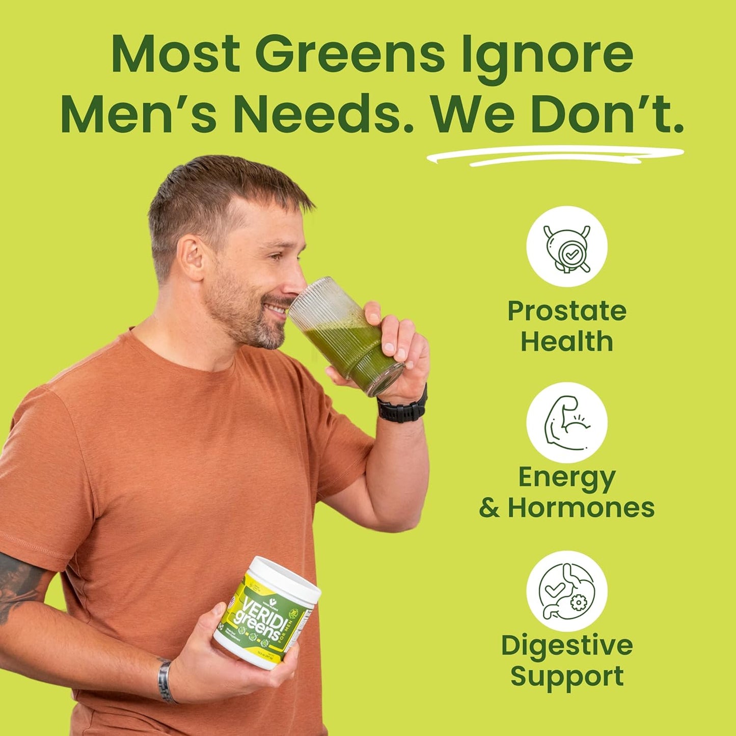 Veridi Greens for Men 40+ | Daily Superfood Greens Powder for Prostate Health, Hormone & Energy Support | Premium USA Blend with Spirulina, Saw Palmetto, Zinc & Enzymes