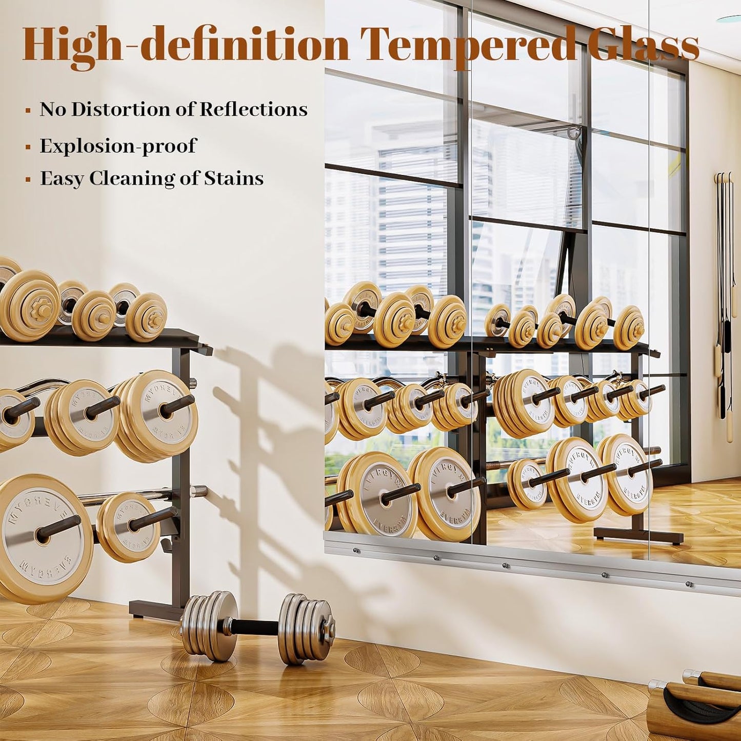 Home Gym Mirror - 3 PCS 16×56 inches, Large Frameless Wall Mounted Full Length Body Mirror for Dancing Studio, Exercise, Fineness, Yoga, Tempered Glass