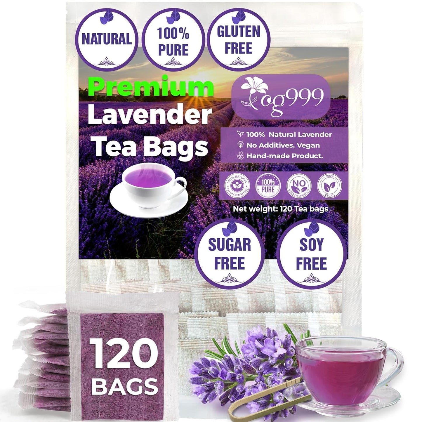 120 Lavender Flower Tea Bags, 100% Natural & Pure from Lavender Flowers. Loose Flower Lavender Herbal Tea. Lavender Flower Tea. No Sugar, No Caffeine, No Gluten, Vegan.