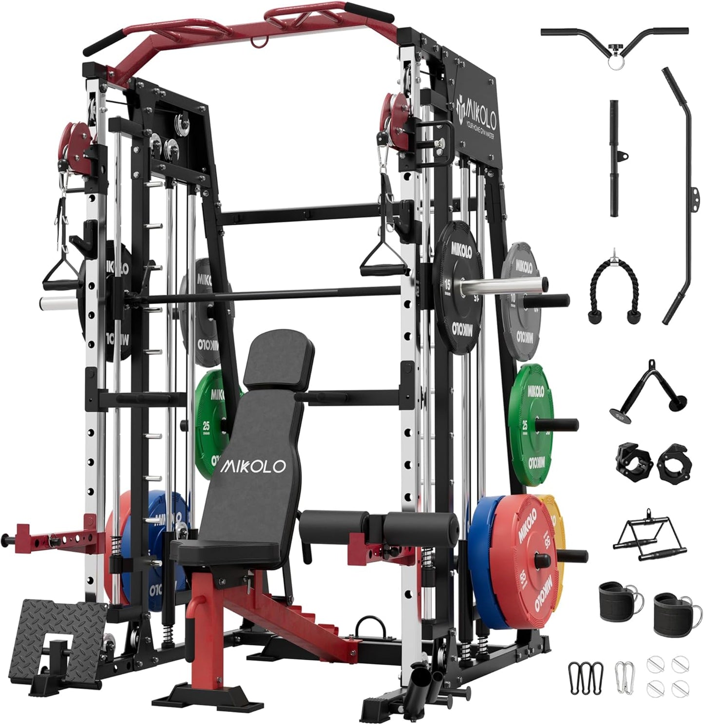 Mikolo Smith Machine, 2200lbs Squat Rack with LAT-Pull Down System & Cable Crossover Machine, Training Equipment with Leg Hold-Down Attachment