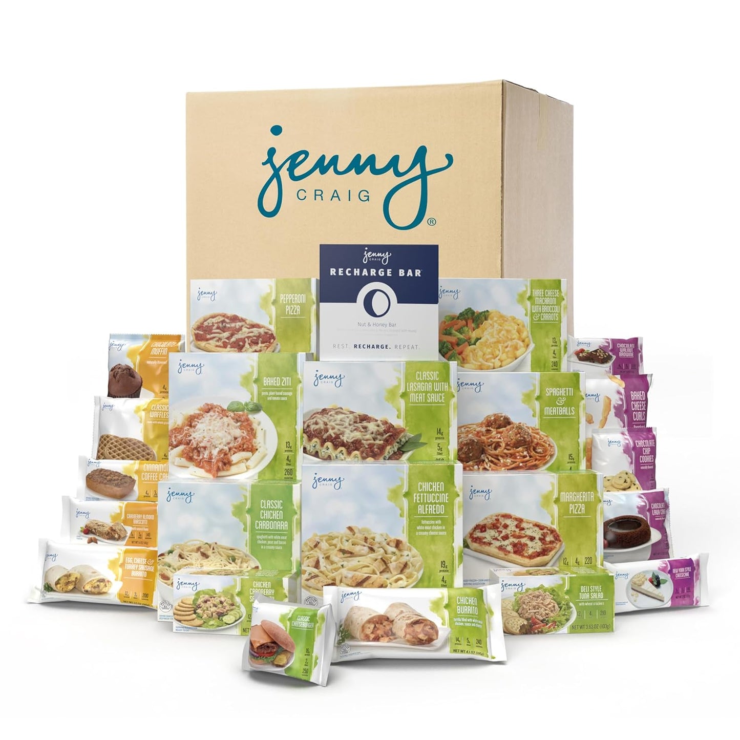 Jenny Craig 7-Day Meal Kit – Frozen Meal Kit Includes 28 Meals and 7 Recharge Bars - Enjoy Breakfasts, Lunches, Dinners, Snacks, Desserts, and the REVOLUTIONARY Recharge Bar
