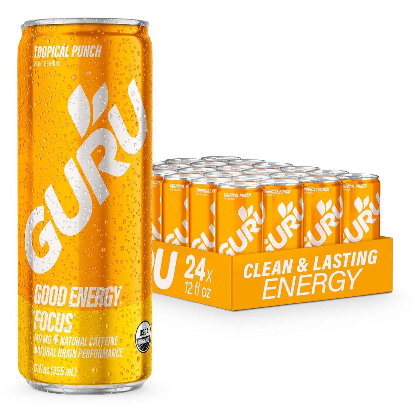 GURU Tropical Punch Organic Energy Drinks, Clean Energy Drink with Plant Based Natural Caffeine from Green Tea + L Theanine, Gluten Free and Vegan, 140MG Caffeine, Healthy Drinks, 12oz (Pack of 24)