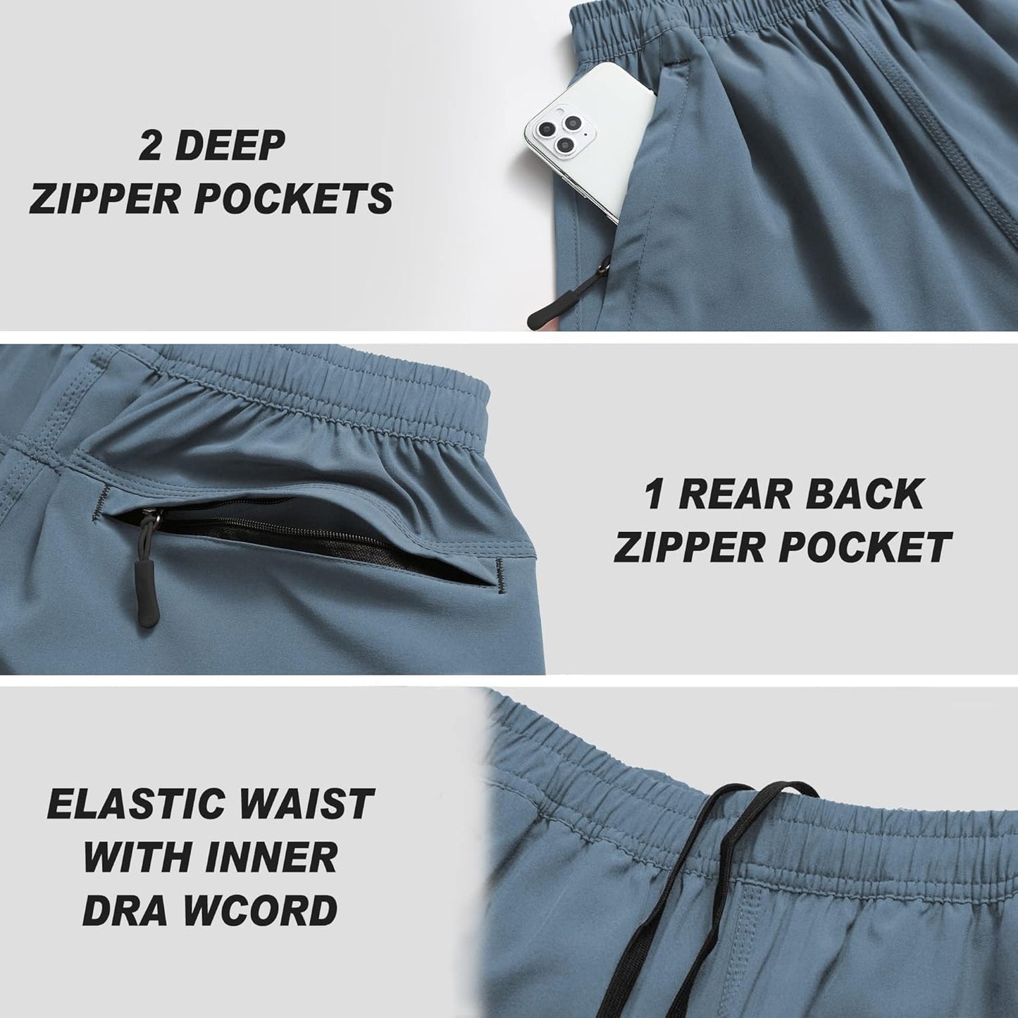 Men's Gym Shorts Sports Quick Dry Workout Running or Casual Training Short with Zipper Pockets