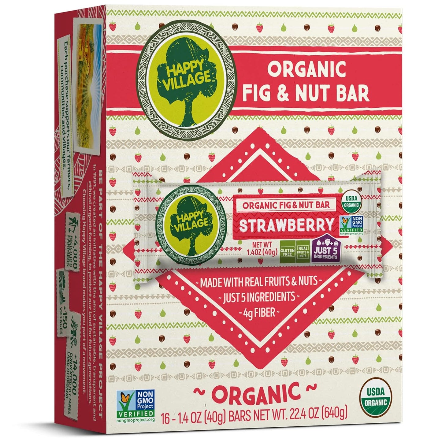Happy Village Organic Fruit & Nut Bars, STRAWBERRY | Gluten Free, No Refined Sugar, Kosher, Non-GMO, Vegan, Good Source of Fiber | Organic Healthy Snack Bars (16 bars, 1.4 OZ each)