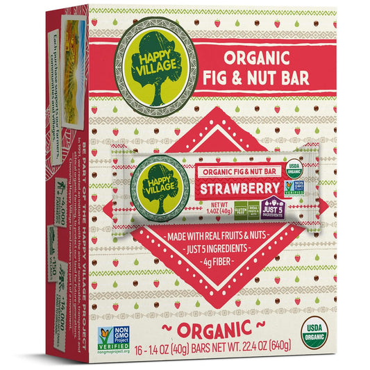 Happy Village Organic Fruit & Nut Bars, STRAWBERRY | Gluten Free, No Refined Sugar, Kosher, Non-GMO, Vegan, Good Source of Fiber | Organic Healthy Snack Bars (16 bars, 1.4 OZ each)