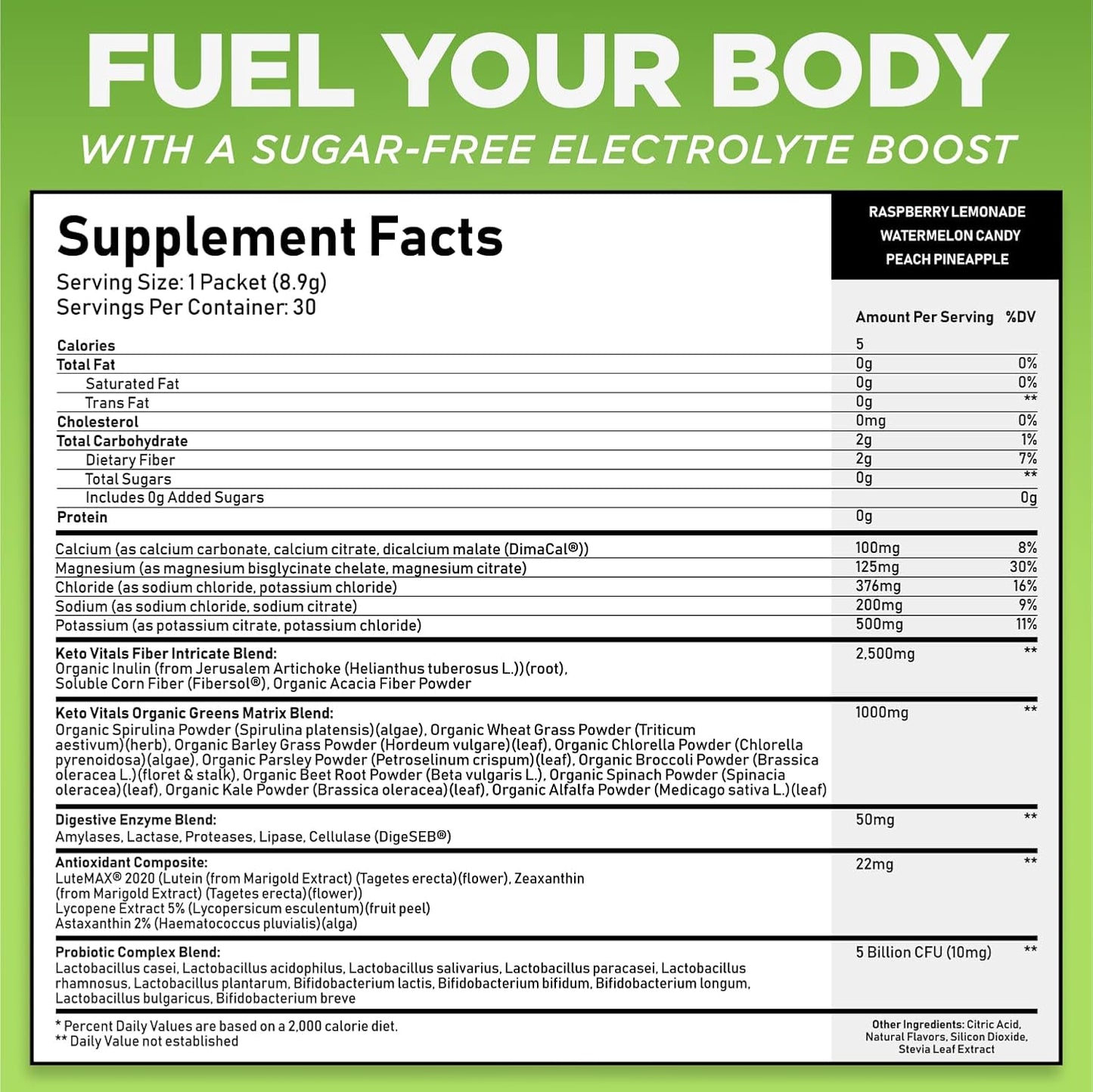 Keto Vitals Keto Electrolytes Plus Greens Superfood Powder Packets - 30 Servings Sugar Free Electrolytes Supplement for Hydration, Energy, Gut Health & Digestion - Super Greens Powder for Hydration