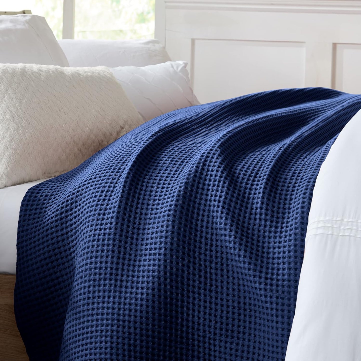 100% Cotton Waffle Weave Bed Blanket | Soft, Breathable, and Lightweight Blanket for All-Season | Perfect for Layering | Brielle Collection (King, Navy)