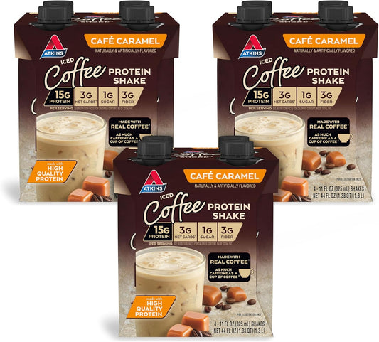Atkins Café Caramel Iced Coffee Flavored Protein Shake, High Protein Shake, Low Glycemic, Low Carb and Low Sugar, Keto Friendly, Gluten Free, 12 Count