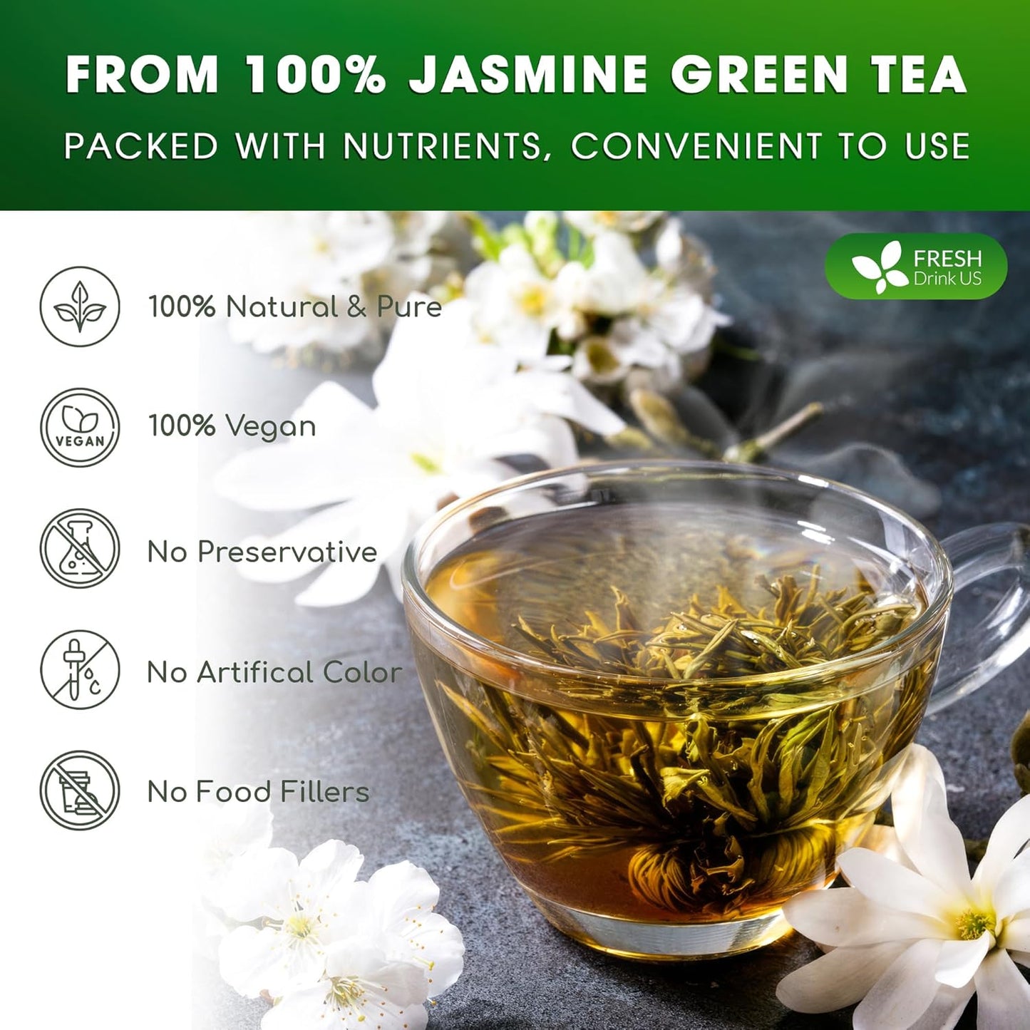 FreshDrinkUS Premium 135 Jasmine Green Tea Bags - 100% Natural & Pure, Made with Natural Material Tea Bags, No Sugar, No Gluten, Vegan