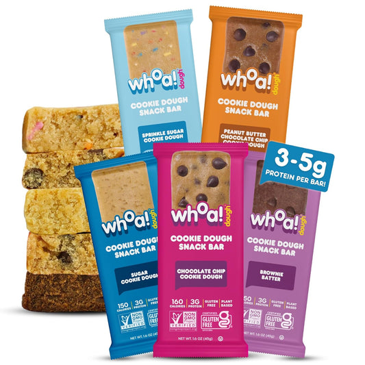 Whoa Dough Edible Cookie Dough Bars- Certified Non-GMO, Kosher and Gluten Free Bars - Healthy Snack Foods - Plant Based Snacks - Real Ingredients - Variety Pack (5 Bars)