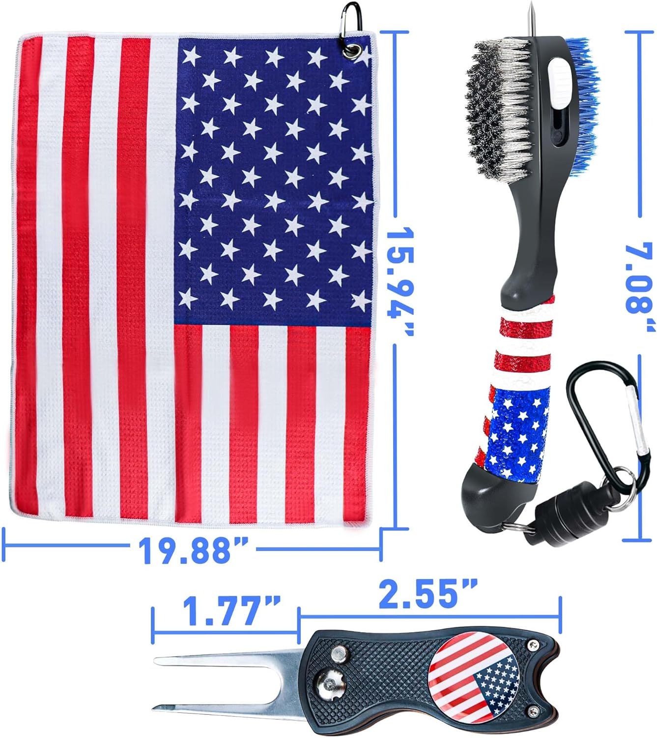 Golf Club Brush and Amercian Flag Golf Towels, Golf Groove Cleaner Cleaning kit, Golf Accessories Cleaner Tool with Strong Magnet Stick to Golf Clubs or Bag