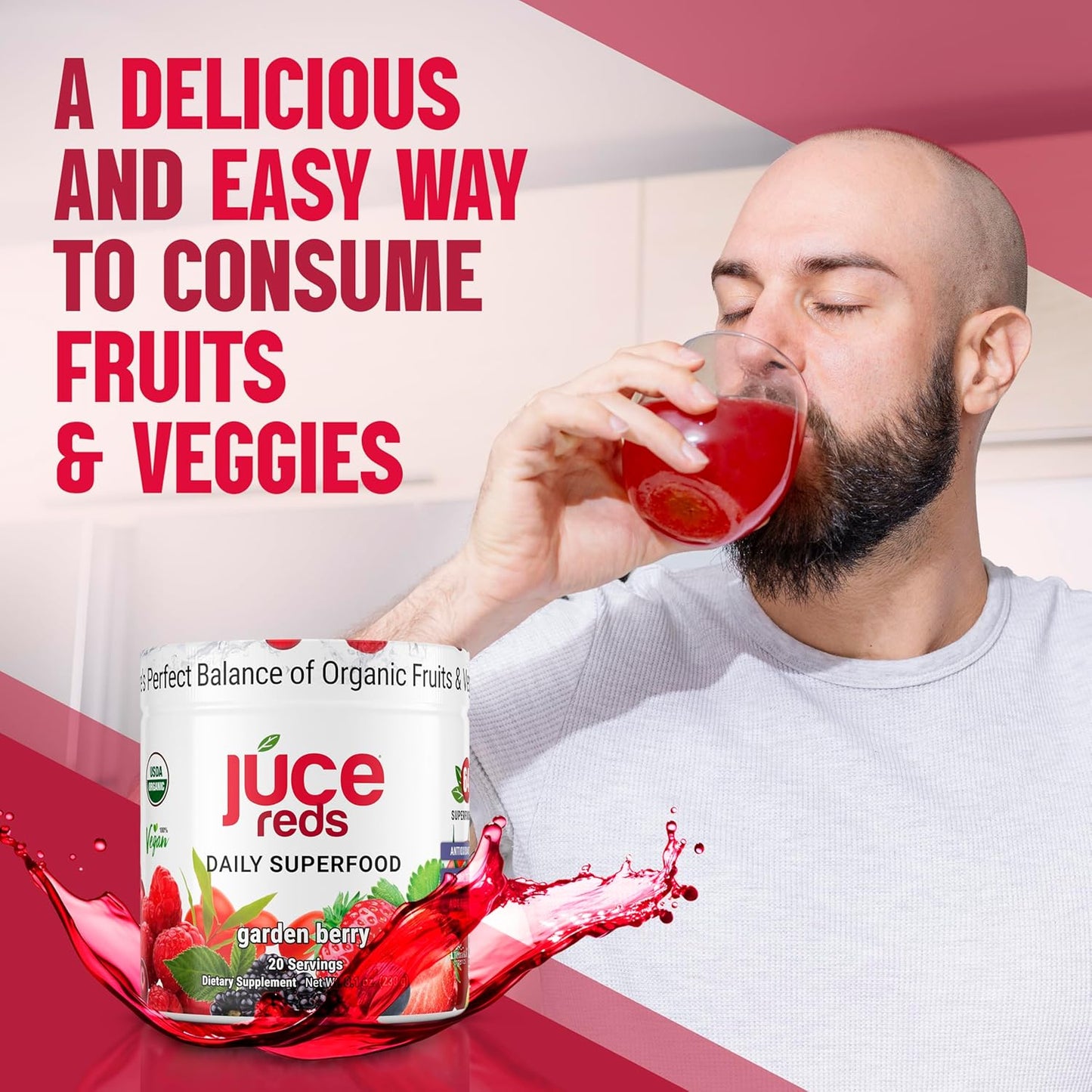 JUCE Reds Organic Superfood Powder - Garden Berry Flavor | Fruit & Veggie Powder for Everyone w/64 Immune Boosting Superfood Plus Probiotics for Gut Health | 20 Servings (230g)