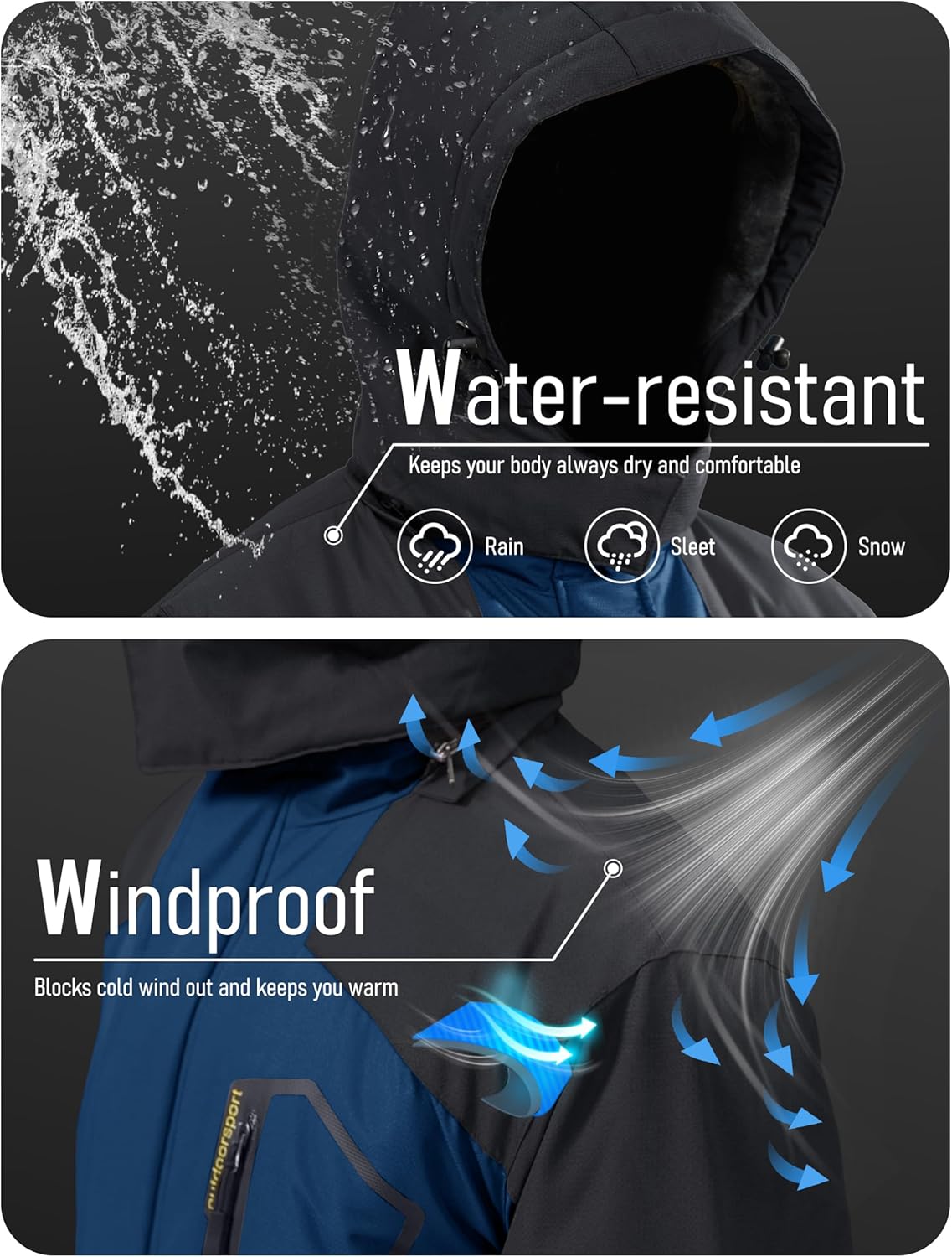 MAGCOMSEN Men's Winter Coats Water Resistant Ski Snow Jacket Warm Fleece Jacket Parka Raincoats With Multi-Pockets