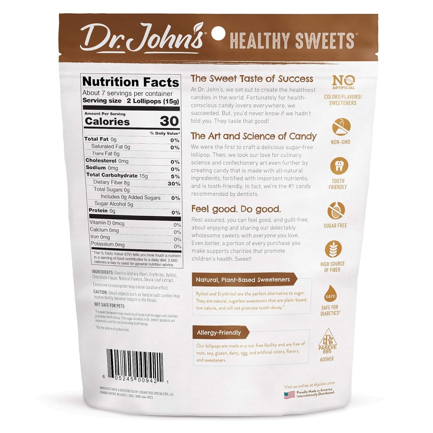 Dr. John’s Sugar Free Candy, Healthy Lollipops with Zero Sugar, Low Calorie Snacks, Keto Friendly Hard Candy Sweets, Chocolate Oval, 14 Count, 3.85 OZ