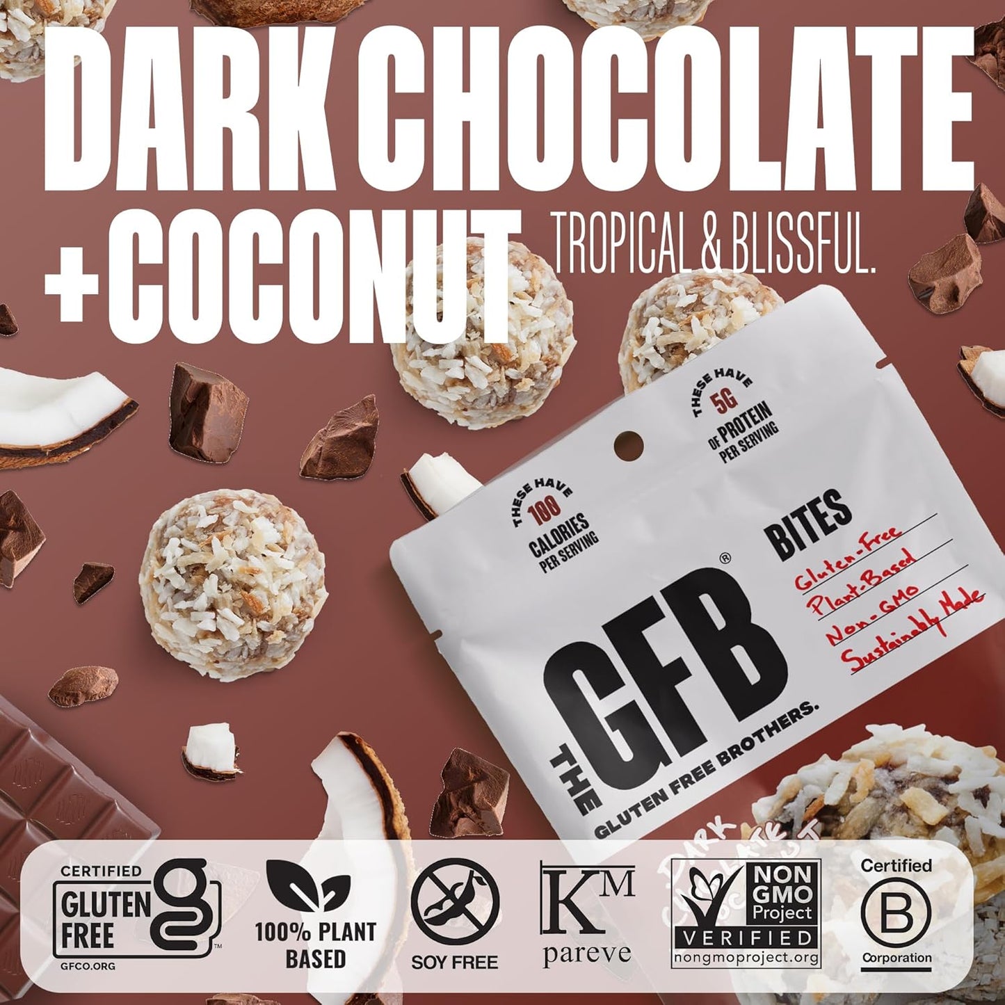 The GFB Dark Chocolate Coconut Protein Bites - Gluten Free, Plant Based, Non GMO, Sustainably Made – Ridiculously Tasty, Healthy, Vegan, Protein Energy Balls, 4 oz (6 Count)
